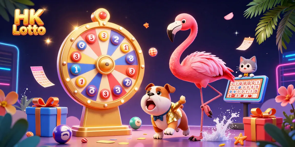 Join the fun with HK Lotto as a flamingo host spins the prize wheel amidst vibrant lottery elements.