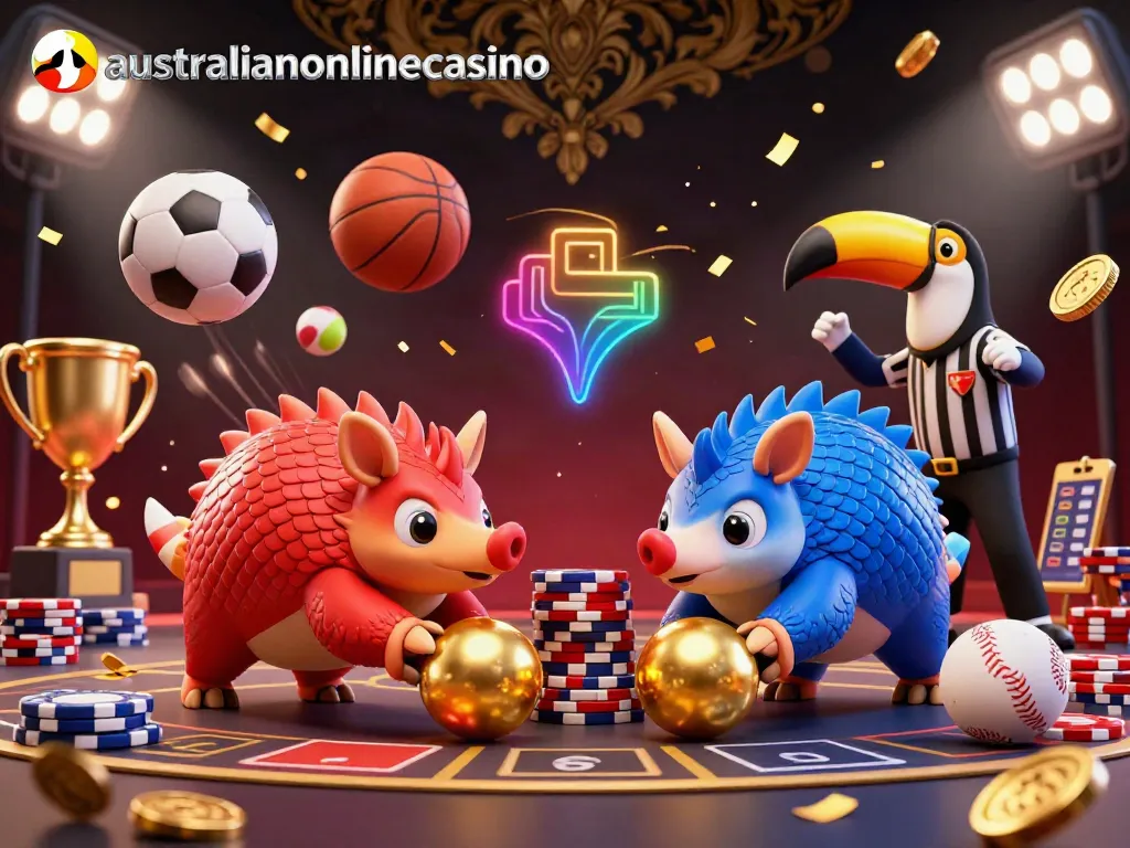 Experience thrilling gameplay with rival pangolins and golden poker chips in this australianonlinecasino illustration.