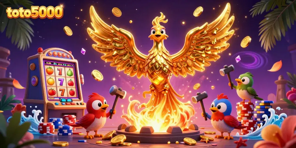 Experience thrilling gameplay with toto5000's vibrant 3D casino scene, featuring a molten phoenix.