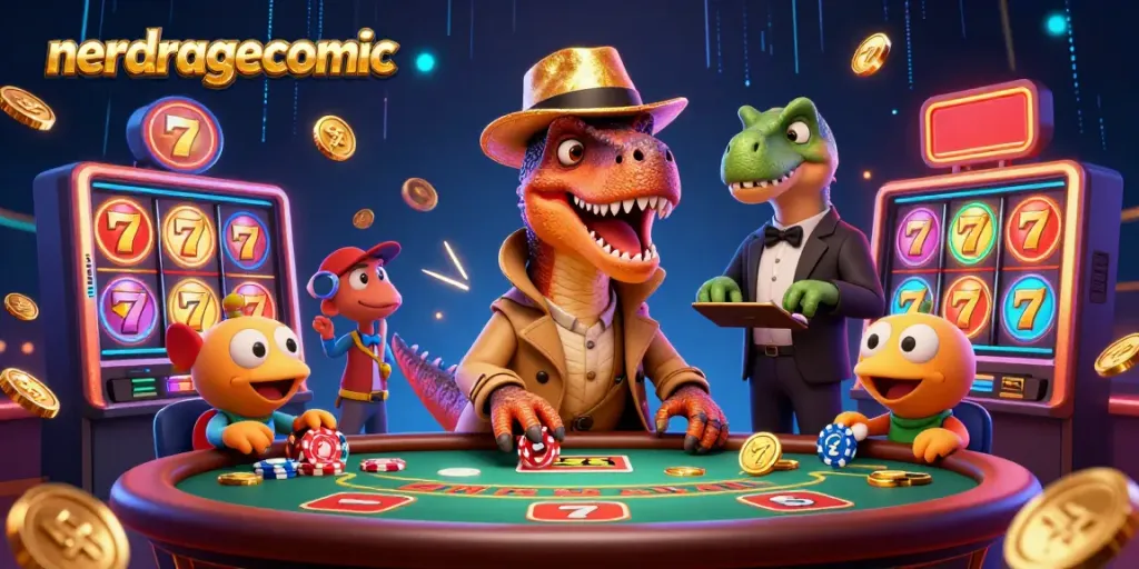 Kompilasikan permainan nerdragecomic saat velociraptor mencoba menang di kasino dengan suasana penuh elemen slot yang bersinar.