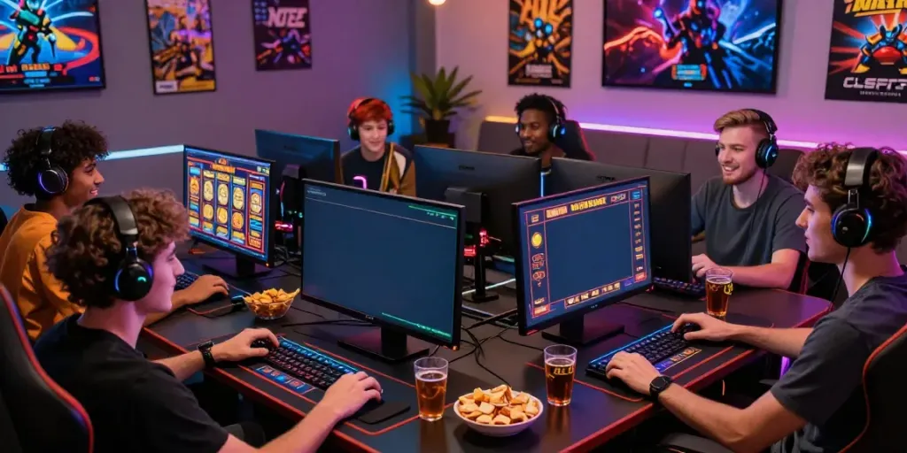 Suasana gaming online HOTWIN88 dengan teman-teman, layar permainan slot yang cerah.