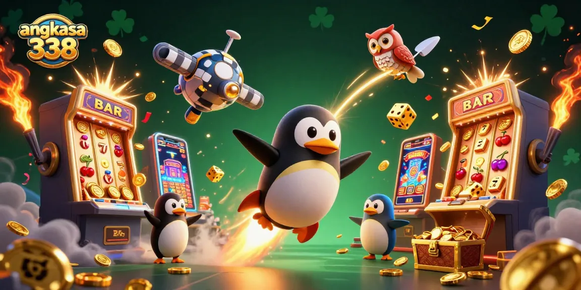 Experience the thrill of angkasa 338 with a vibrant 3D illustration showcasing a golden penguin and explosive jackpots.