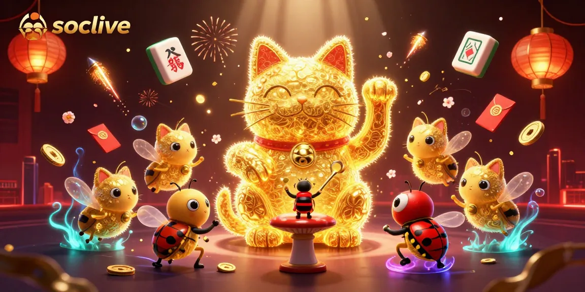 Socolive showcases an exciting 3D illustration with a lucky cat and dynamic casino symbols enhancing the online gaming experience.