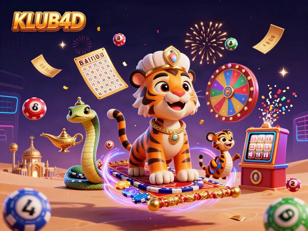 KLUB4D menghadirkan keseruan bermain dengan tiger sultan dan bola lotere yang berwarna-warni.