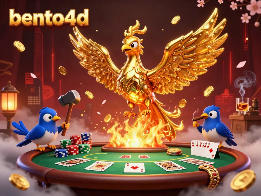 Bettors play against the backdrop of bento4d's vibrant casino scene, showcasing dynamic poker elements and a golden phoenix.