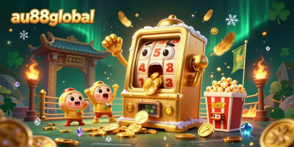 Watch the au88global slot machine hit a jackpot as coins spill out in celebration.