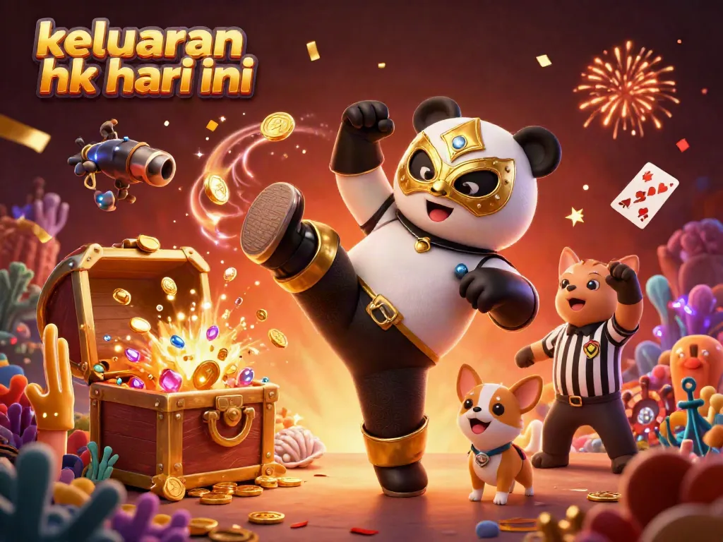Menampilkan keluaran hk hari ini dengan panda pegulat 3D melakukan tendangan, penonton hewan kecil merayakan kemenangan.