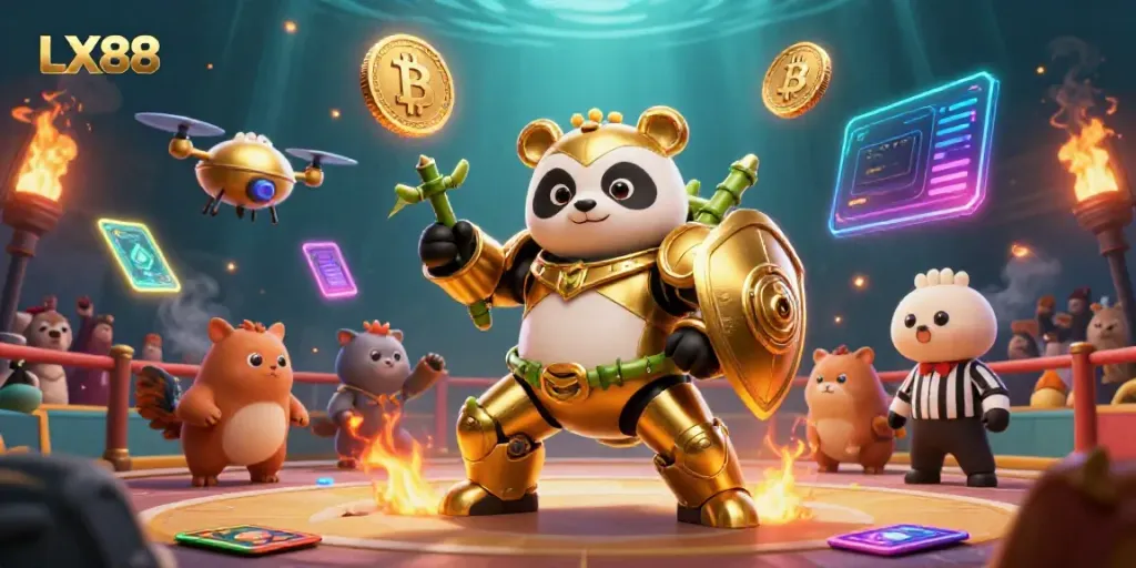 Engage in epic cockfighting action featuring the LX88 golden panda in a fighting robot arena