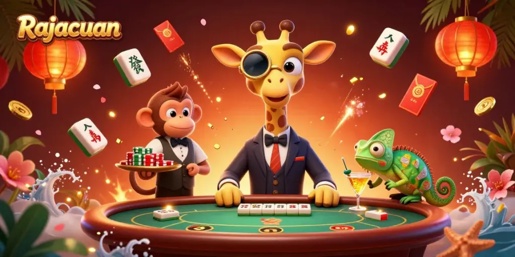 Rajacuan menampilkan jerapah penggila kasino dengan elemen permainan Mahjong yang bercahaya.