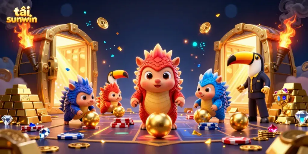 Experience the excitement as you tải sunwin with colorful pangolins amidst a vibrant casino scene.