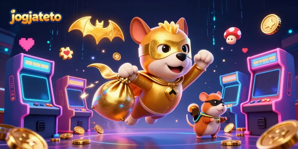 Join the excitement at jogjatoto as a superhero dog flies through a colorful casino-themed scene filled with game elements.