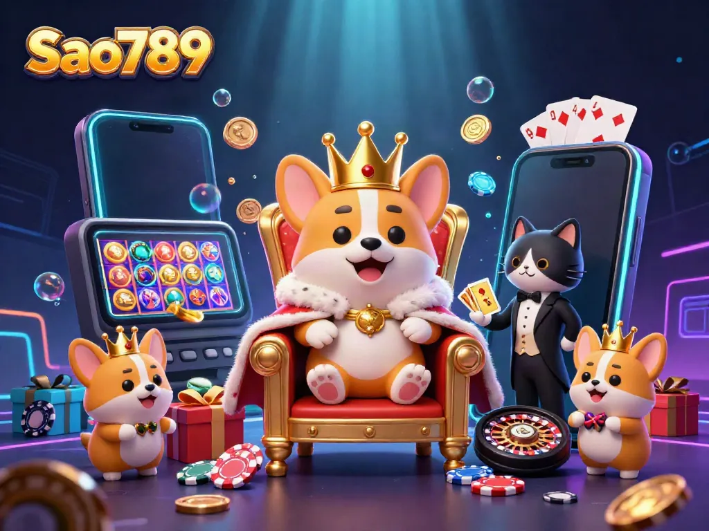 Sao789 features a royal corgi on poker chips with a cat butler, presenting a golden card deck, celebrating online gaming.