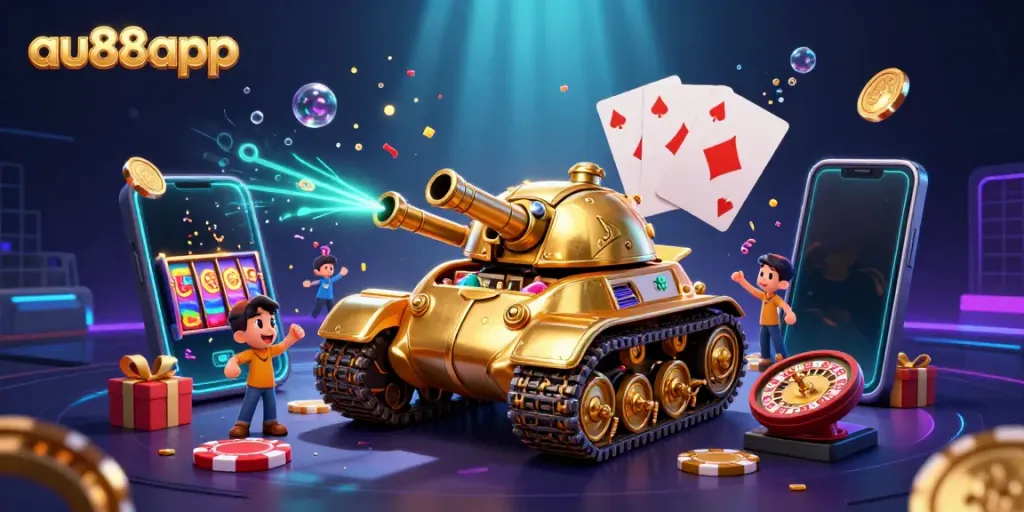 Enhance your gaming at au88app with this vibrant digital illustration showcasing a 3D casino beetle tank extravaganza.