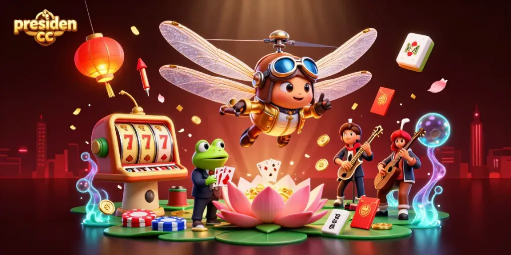 Experience thrilling action at presiden cc with vibrant dragons, a frog dealer, and dazzling casino elements.