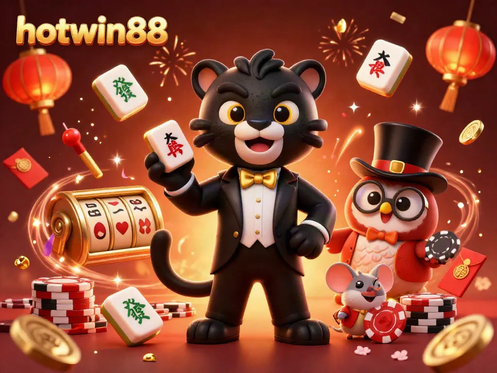 Experience winning slots with hotwin88 in this vibrant 3D casino scene featuring playful characters.