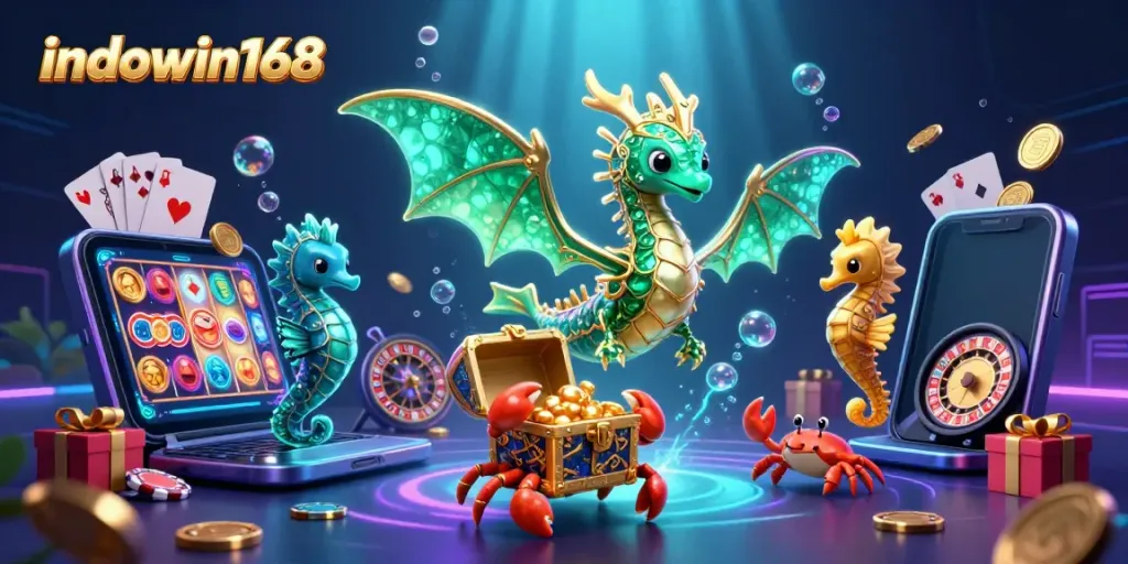 Mainkan game menarik di indowin168 dengan ilustrasi naga laut 3D dan elemen game kasino.