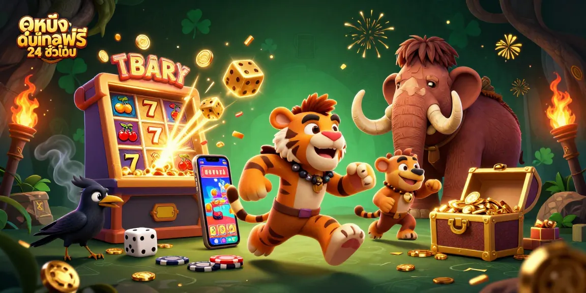 Experience thrilling fun with ดูหนังออนไลน์ฟรี 24 ชั่วโมง in this vibrant casino scene with 3D cartoon characters.