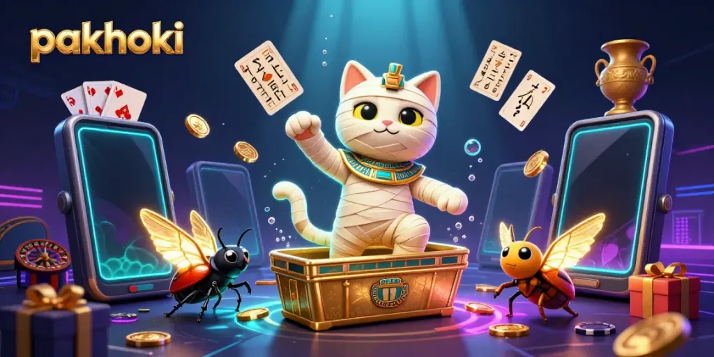 Permainan slot menarik di pakhoki dengan karakter kucing mummy dan elemen kasino berwarna emas.