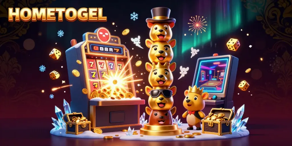 Experience HOMETOGEL's vibrant jackpot celebration with dynamic casino elements and engaging characters.