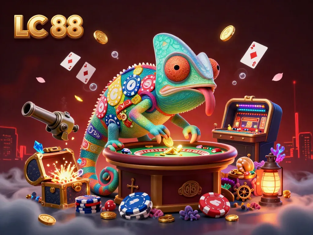 Engage in the vibrant world of LC 88 casino with a colorful chameleon owner amidst treasures and gaming elements.