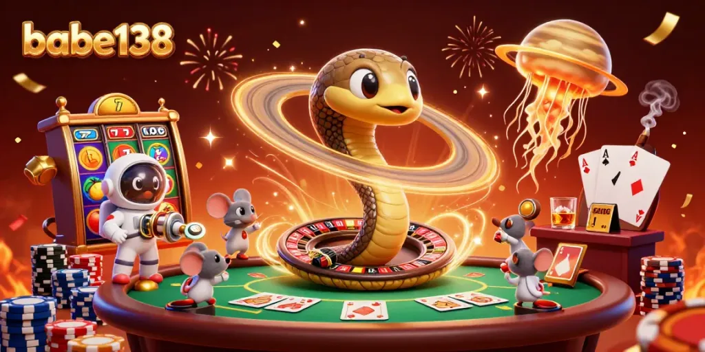 Serunya bermain di babe138 dengan simbol slot, jackpot, dan karakter luar angkasa.
