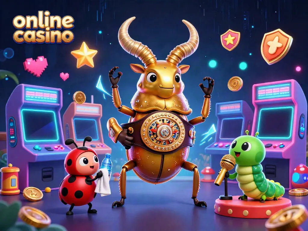 Engage in the vibrant action of an online casino with a dynamic scene featuring a giant stag beetle champion against colorful gaming elements.