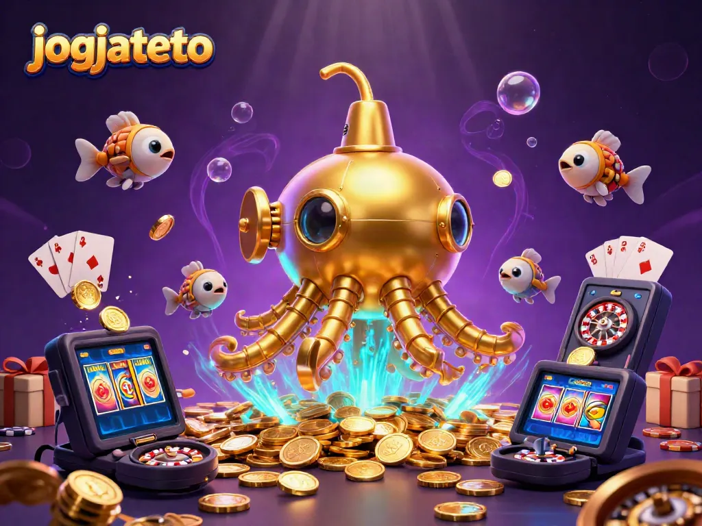 Win big at jogjatoto with a vibrant 3D illustration of dynamic casino elements and gold.