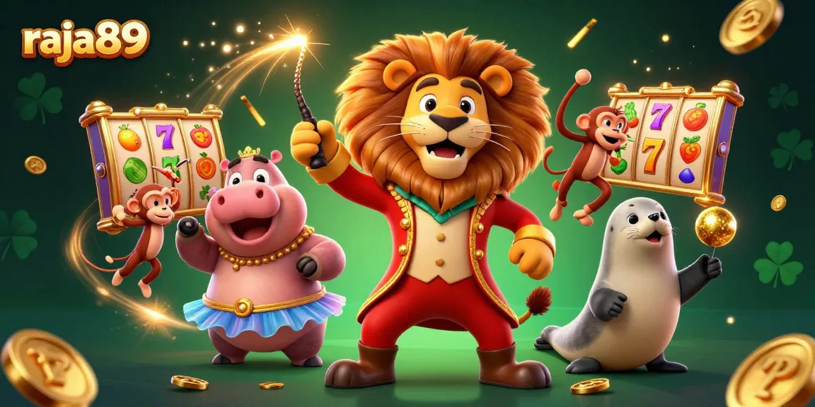 Join the excitement with raja89 as cartoon characters celebrate slots in a vibrant casino scene.