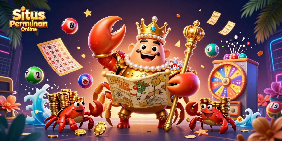 Experience the excitement of Situs Permainan Online with a vibrant 3D illustration featuring a golden crab emperor and dynamic gaming elements.