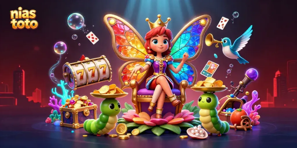 Ilustrasi 3D menarik dengan "nias toto" menampilkan ratu kupu-kupu dan berbagai elemen permainan kasino.
