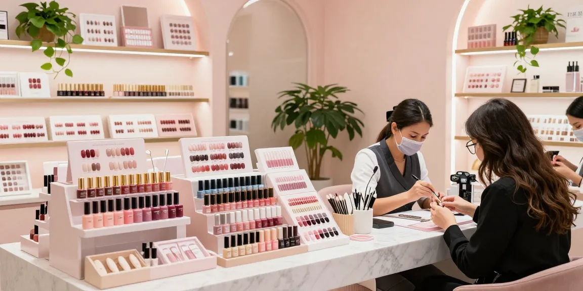 Ruang tunggu mewah di Tommy Nail Supply dengan produk LUXURY12 dan suasana yang nyaman.