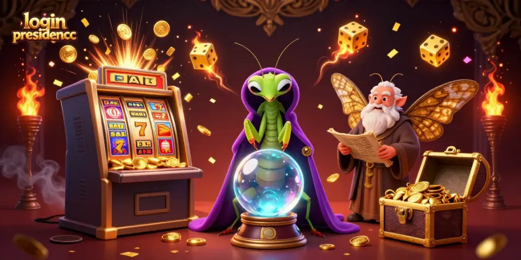 Engage with thrilling games at login presidencc, witnessing a fortune teller reveal gaming secrets in a vibrant casino.