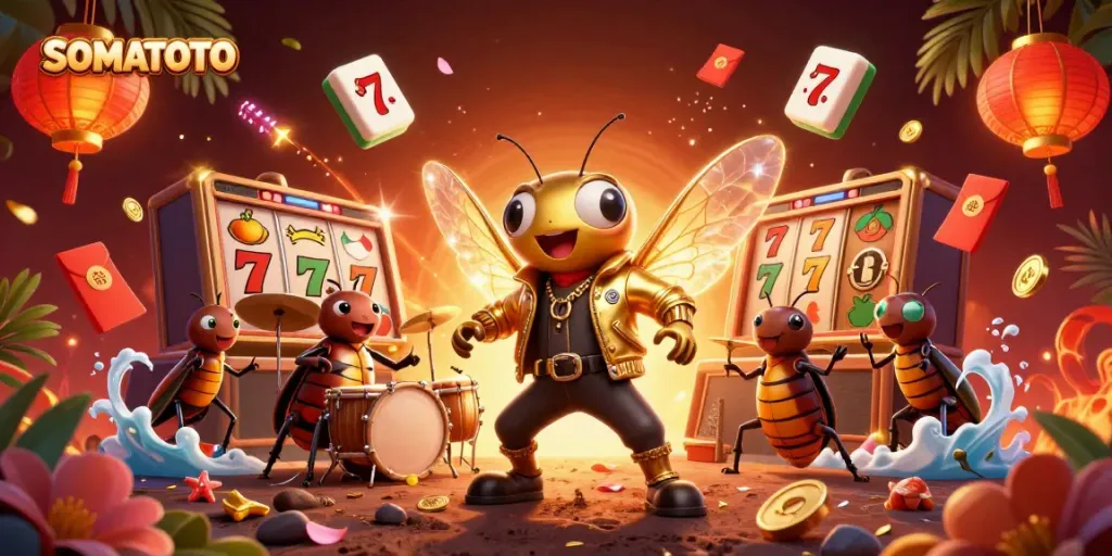 Celebrate wins at SOMATOTO with vibrant 3D casino graphics showcasing charismatic characters and exciting game elements.