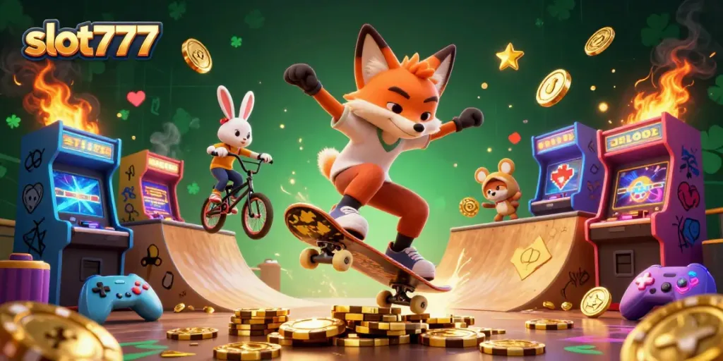 Mainkan slot777 dengan grafis cerah dan karakter kartun menarik di lingkungan kasino.