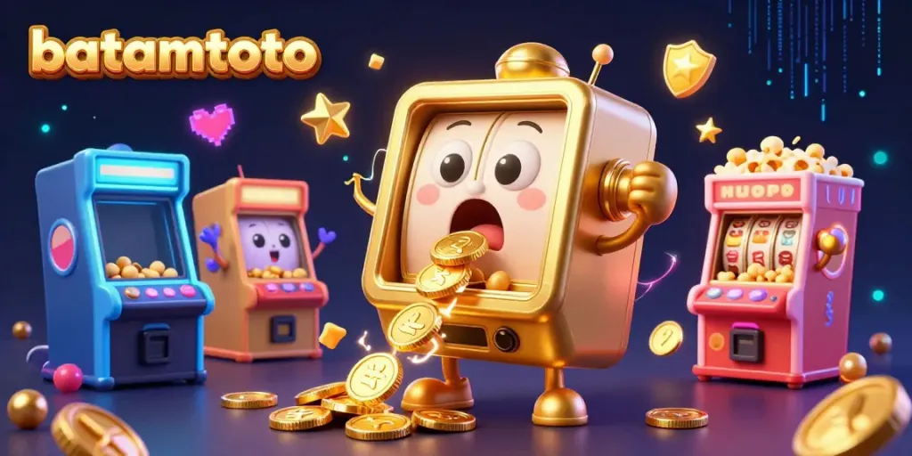 Celebrate jackpots with batamtoto in an animated scene of slot machines and gaming elements.