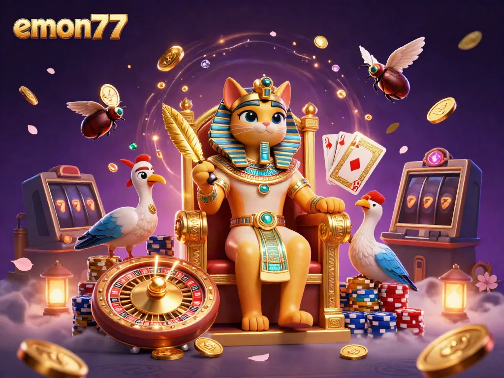 Feel the thrill of emon77 with a cartoon pharaoh cat surrounded by casino magic, rich colors, and vibrant jewels.