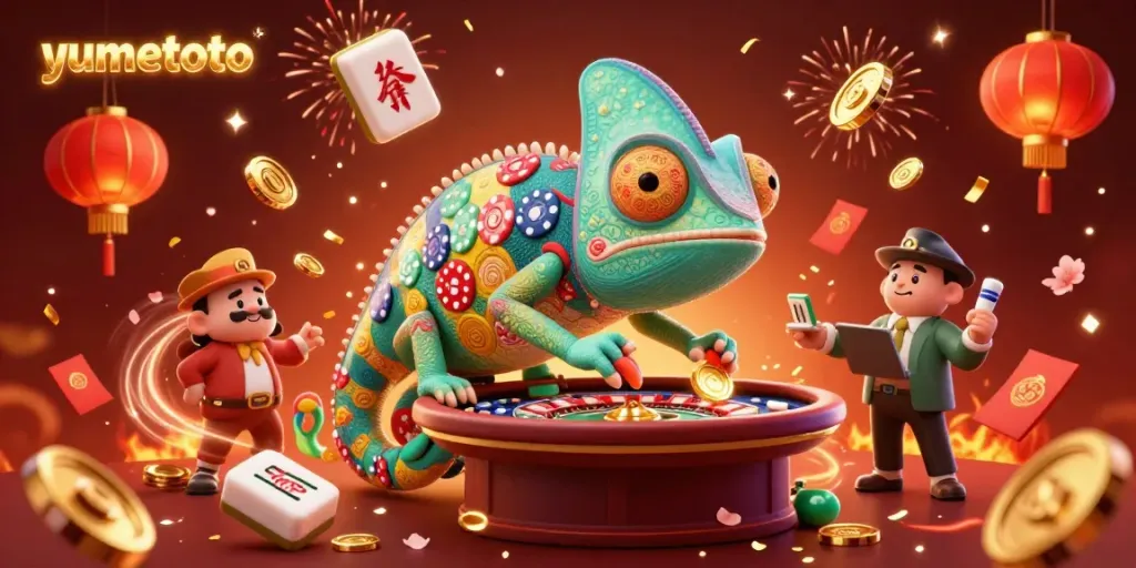 Experience the excitement of yumetoto with a vibrant casino scene featuring a chameleon owner grabbing golden coins amidst colorful game elements.
