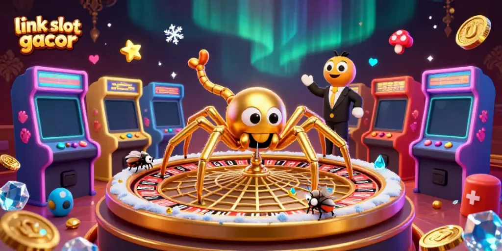 Menang di slot gacor dengan spider emas dan croupier sentipede pada latar mewah.
