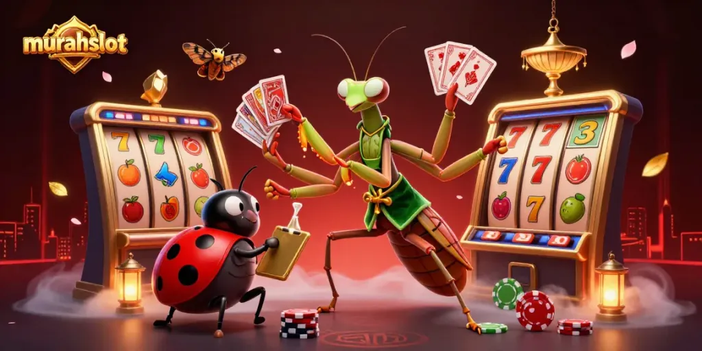 Engage with murahslot's vibrant casino scene featuring charming characters surrounded by dazzling gaming elements.