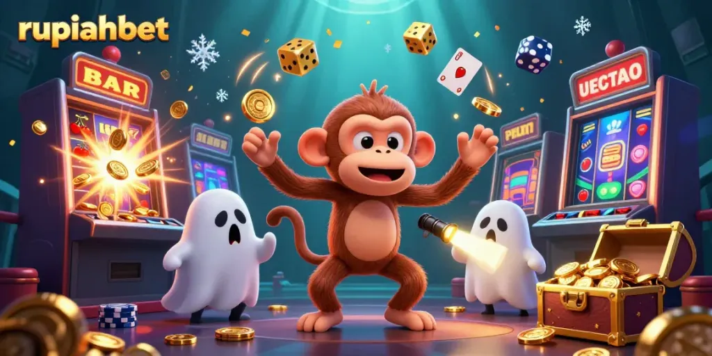 Experience the excitement with rupiahbet featuring a lively casino scene where a mischievous monkey and ghost-hunter puppy engage in playful antics.