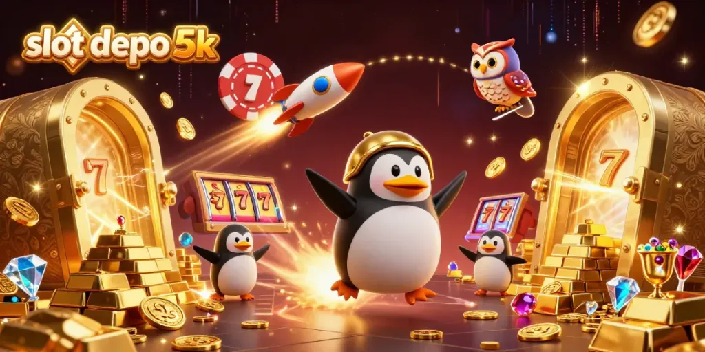 Experience thrilling wins with slot depo 5k, featuring a golden penguin in a vibrant casino scene.