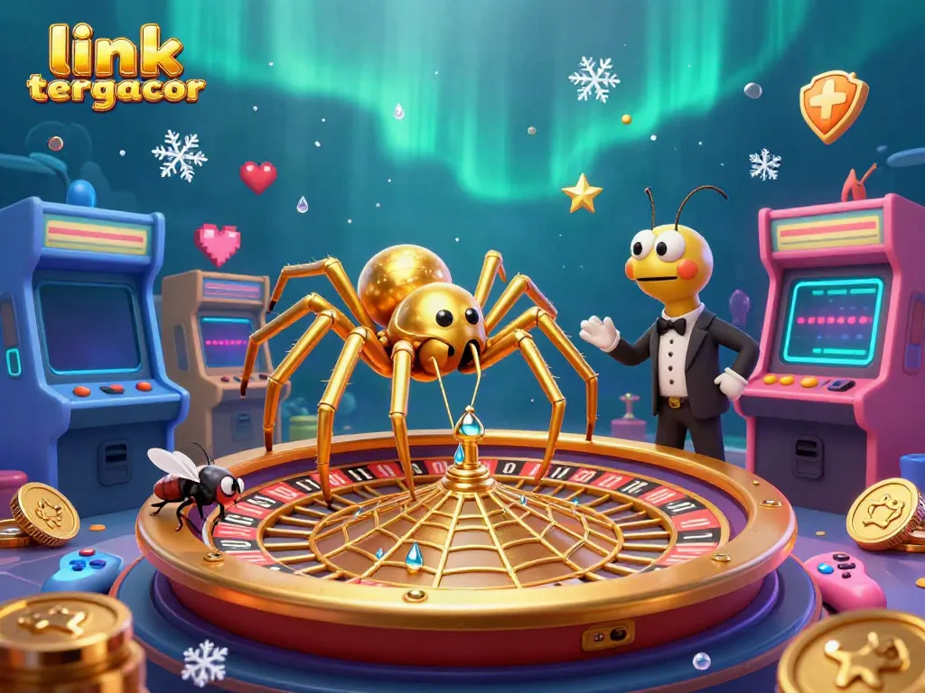 Experience thrilling gameplay at link maxwin tergacor with a vibrant 3D illustration featuring a spider and croupier.