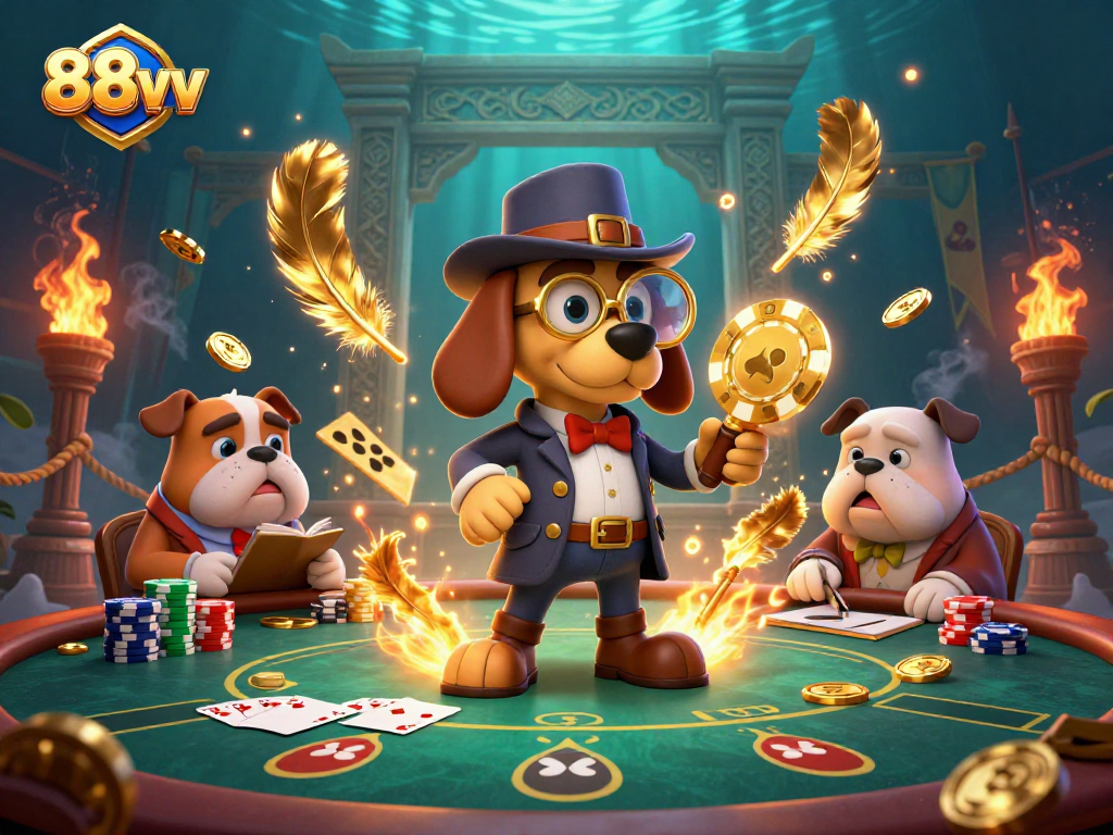 88vv captivates players with a lively poker scene featuring animated detectives and vibrant betting elements.