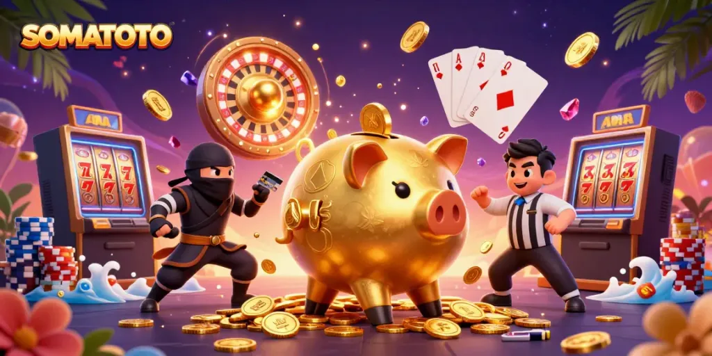 Experience SOMATOTO's exciting gambling scene with golden coins, vibrant characters, and casino elements!