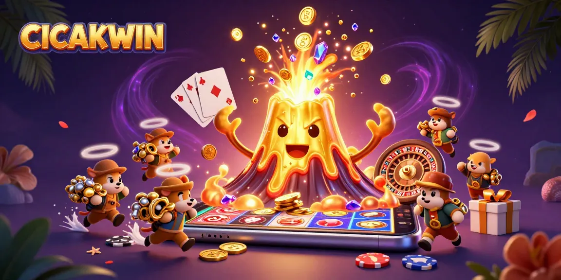 CICAKWIN reveals a thrilling gaming experience with a golden volcano erupting coins and treasures among lively casino elements.
