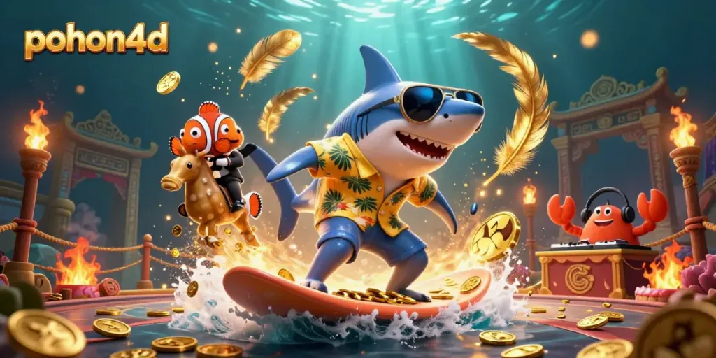 Experience the thrill of pohon4d with a dynamic scene featuring cartoon marine characters engaging in casino activities.
