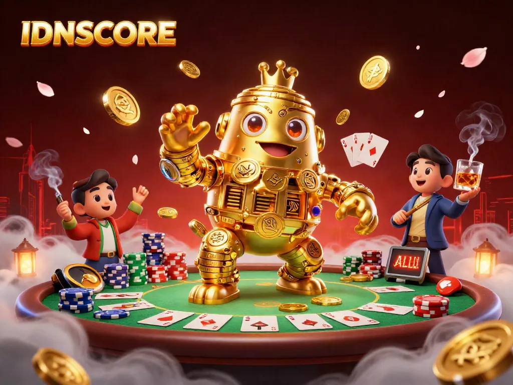 Experience IDNSCORE's vibrant gaming scene with a golden golem and poker elements.
