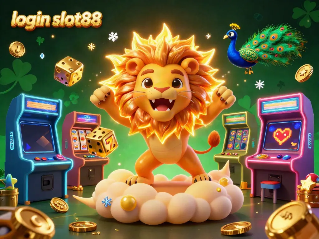 Experience the thrill with login slot88 in a vibrant 3D gaming scene featuring a roaring sun lion and dynamic slot elements.