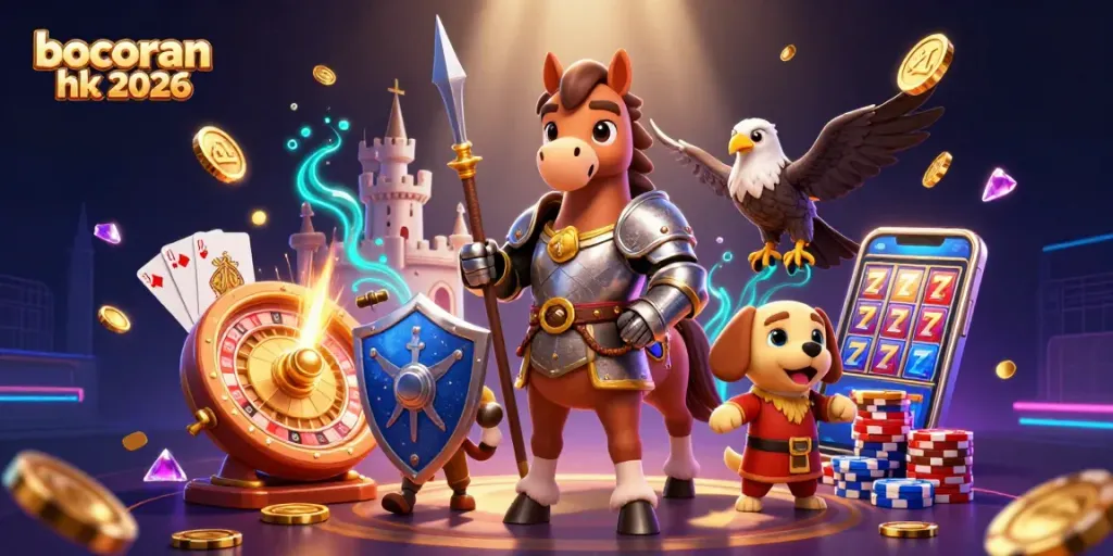 Mendapatkan bocoran hk 2026, ilustrasi kasino dengan karakter ksatria, anjing, dan falcon di tengah koin emas dan aset bermain.