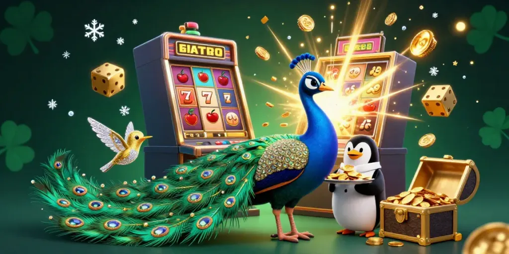 Experience niastoto's vibrant casino scene featuring a peacock, penguin, and hummingbird among slot machines and treasures.